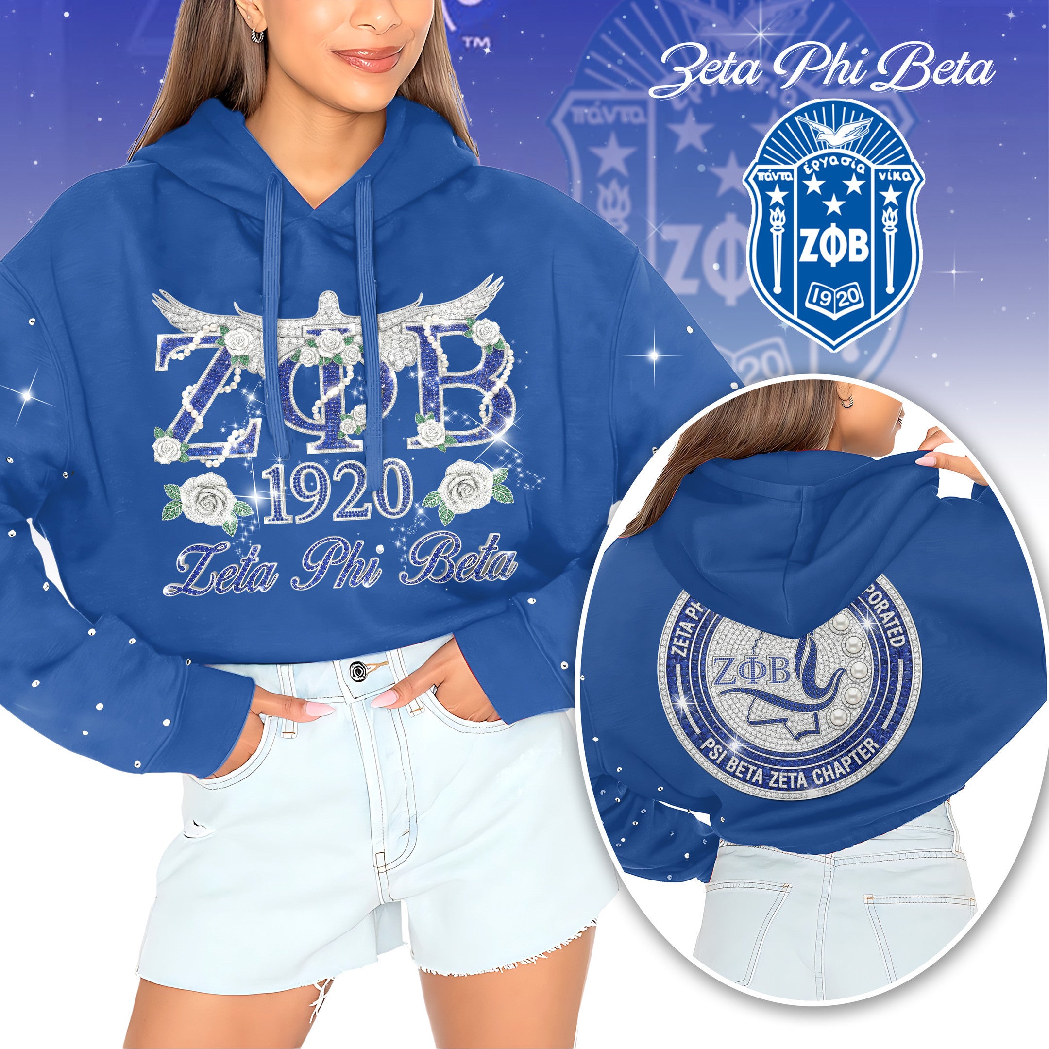 ZPB Rhinestone Cropped Pullover Hoodie HTTT