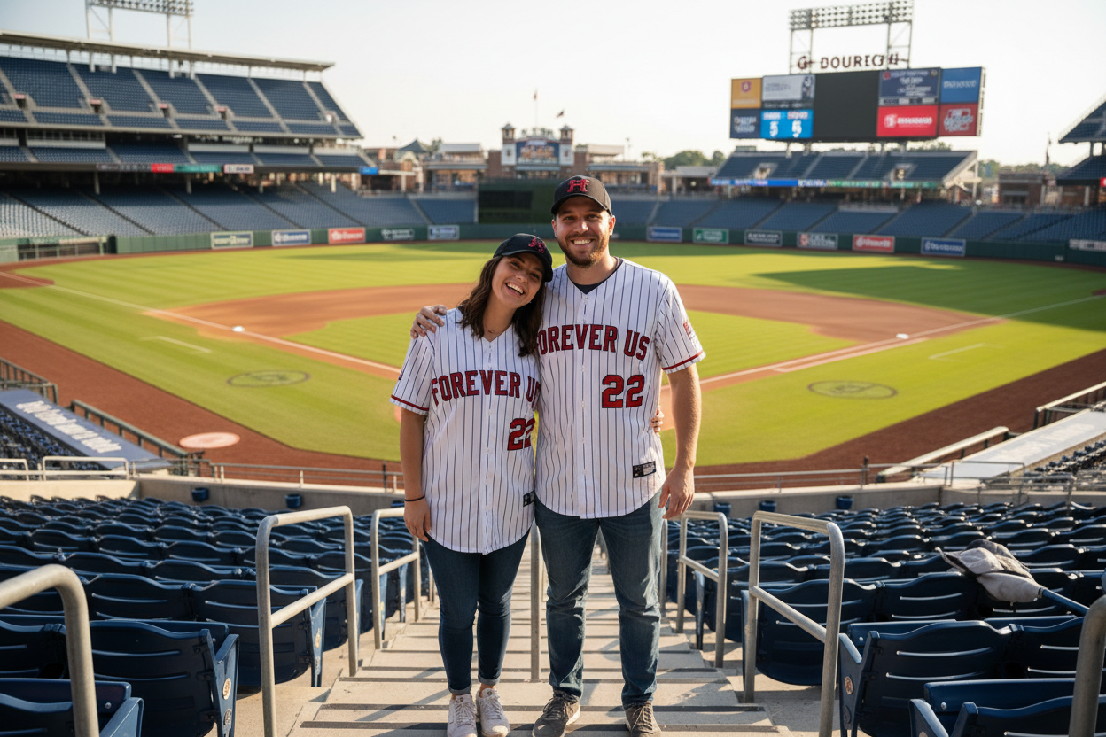 baseball stadium man and woman wearing couple jerseys